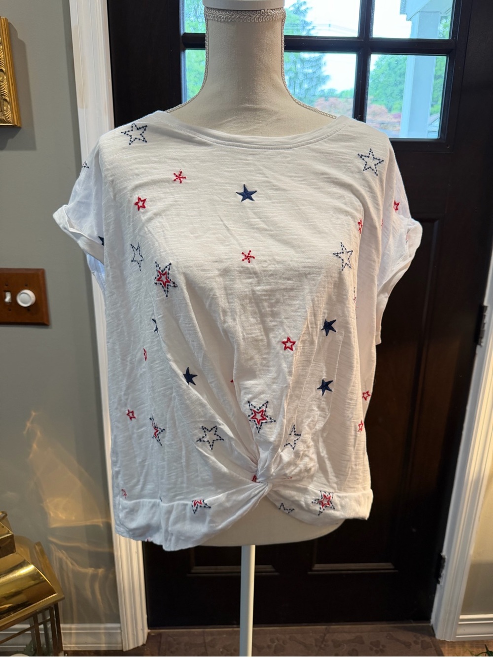Lucky Brand White Short Sleeve Tee with Red & Navy Star Embroidery